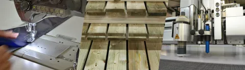 die drei Tätigkeitsfelder des Herstellers von Holzterrassen für Mobilheime Clairval: Konfektionierung, Holzbau, automatischer Zuschnitt